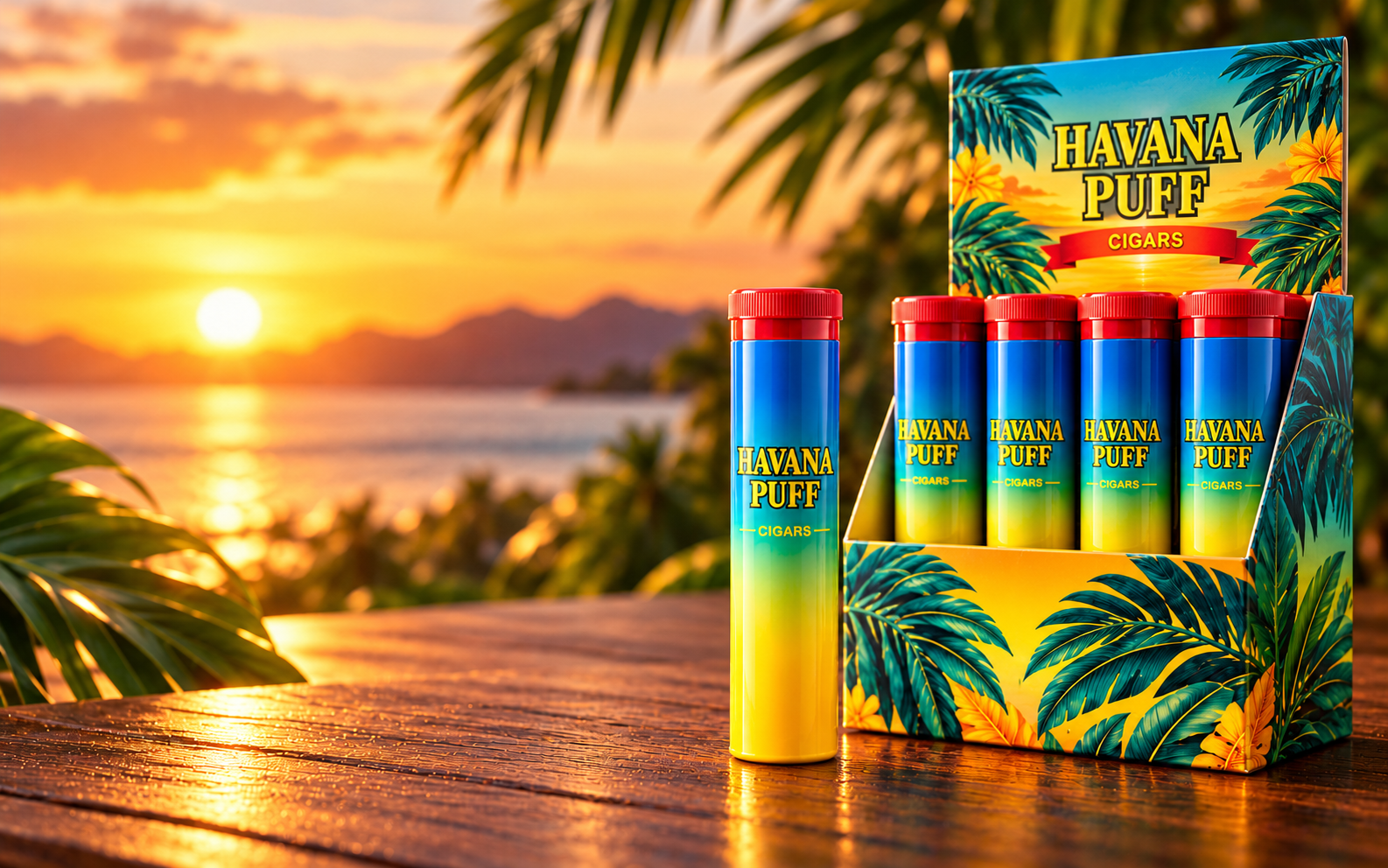 Havana Puff cigar display box with gradient tubes against a tropical sunset background