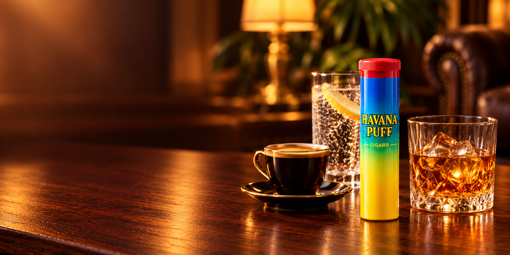 Havana Puff cigar tube next to a glass of whiskey and espresso on a wooden table