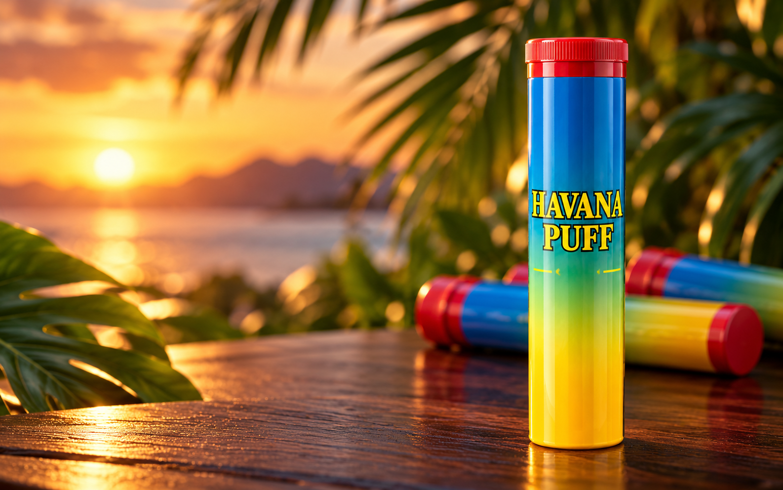 Havana Puff cigar tube with signature blue-to-yellow gradient against a tropical sunset