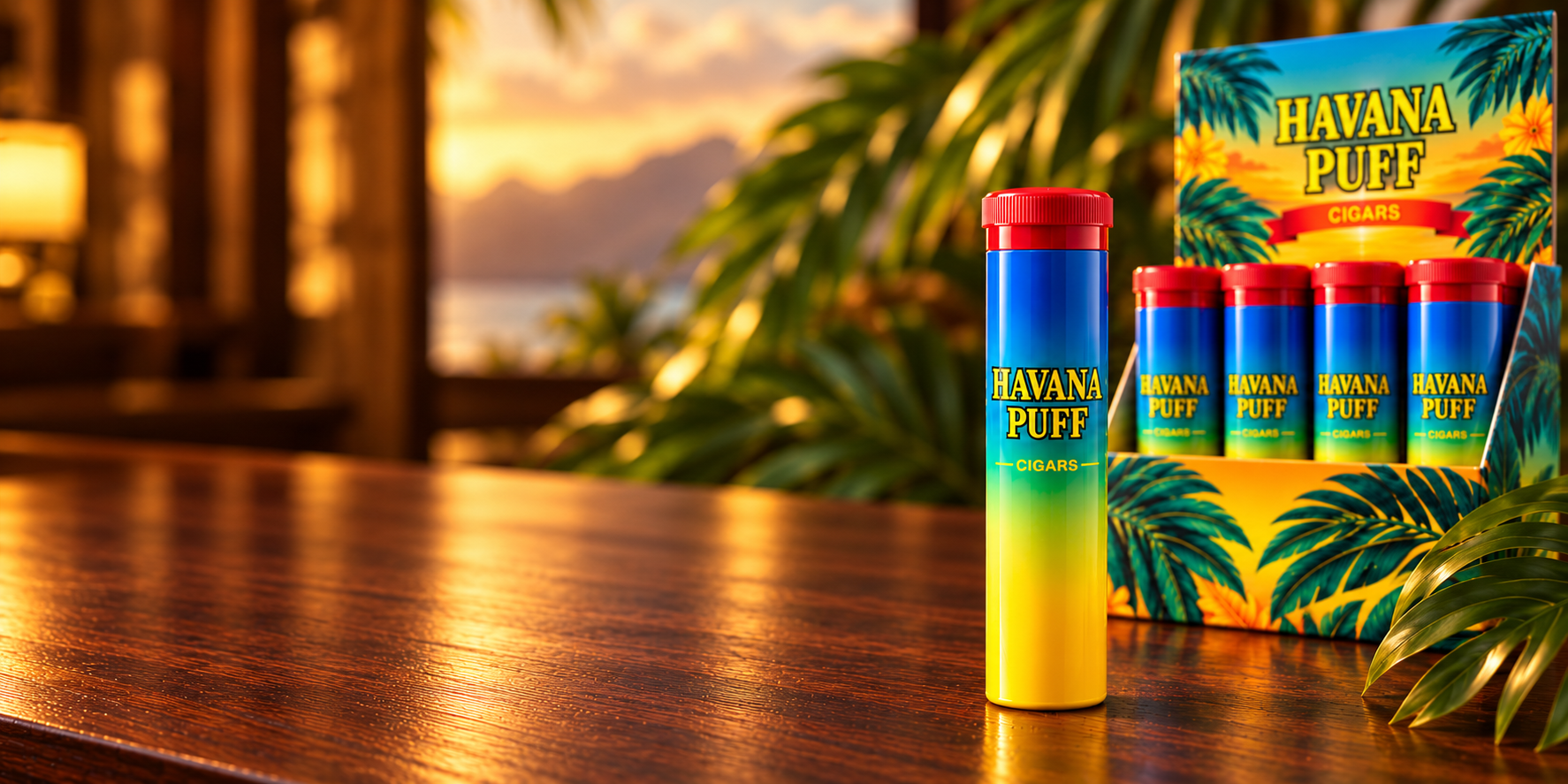 Havana Puff cigar tubes and display box in a tropical setting