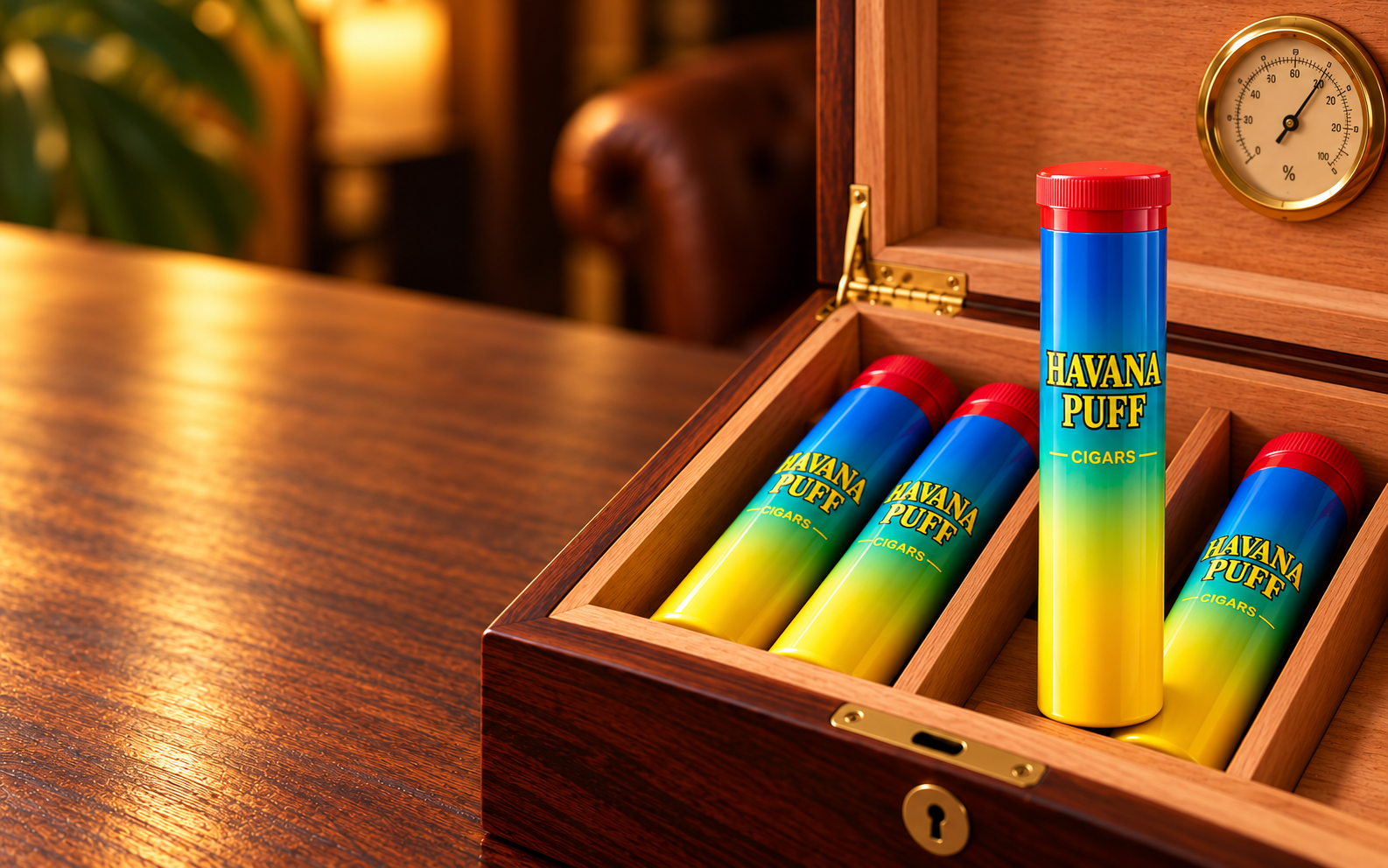 Havana Puff individually tubed cigars stored inside an open cedar humidor with hygrometer